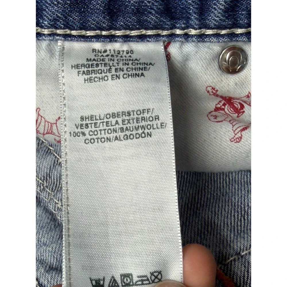 True Religion Skinny Leg Jeans Mens 42 Blue Whiskering Denim Thick Stitch Y2K
